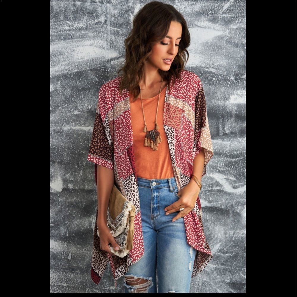 New! Red Leopard Color Block Open Front Kimono